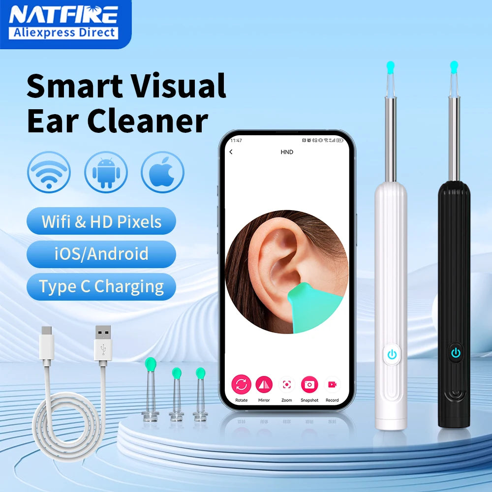 Revolutionary Smart Visual Ear Cleaner with 1296P Camera, USB-C Charging, WIFI Connectivity & 6 LED Lights for Effortless Ear Wax Removal